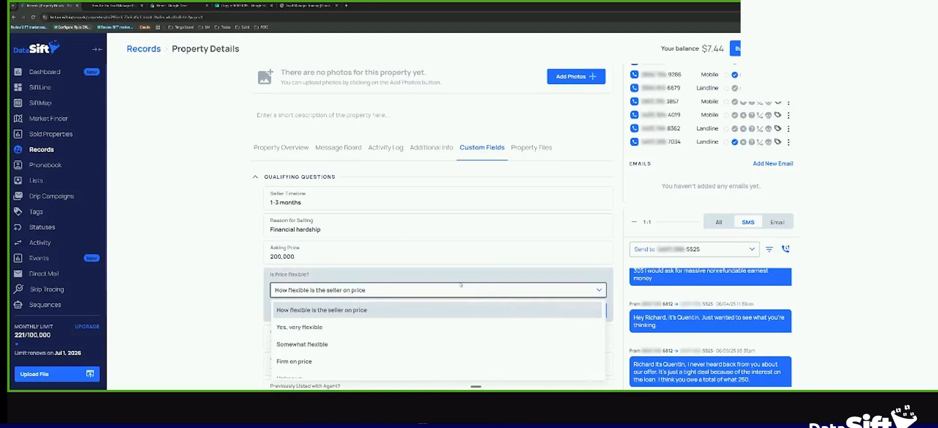 Property details screen with custom fields, phone contacts and SMS messages beside them
