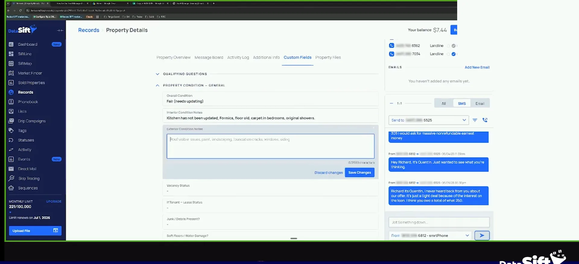 Property details screen with condition notes typed in and the SMS conversation open