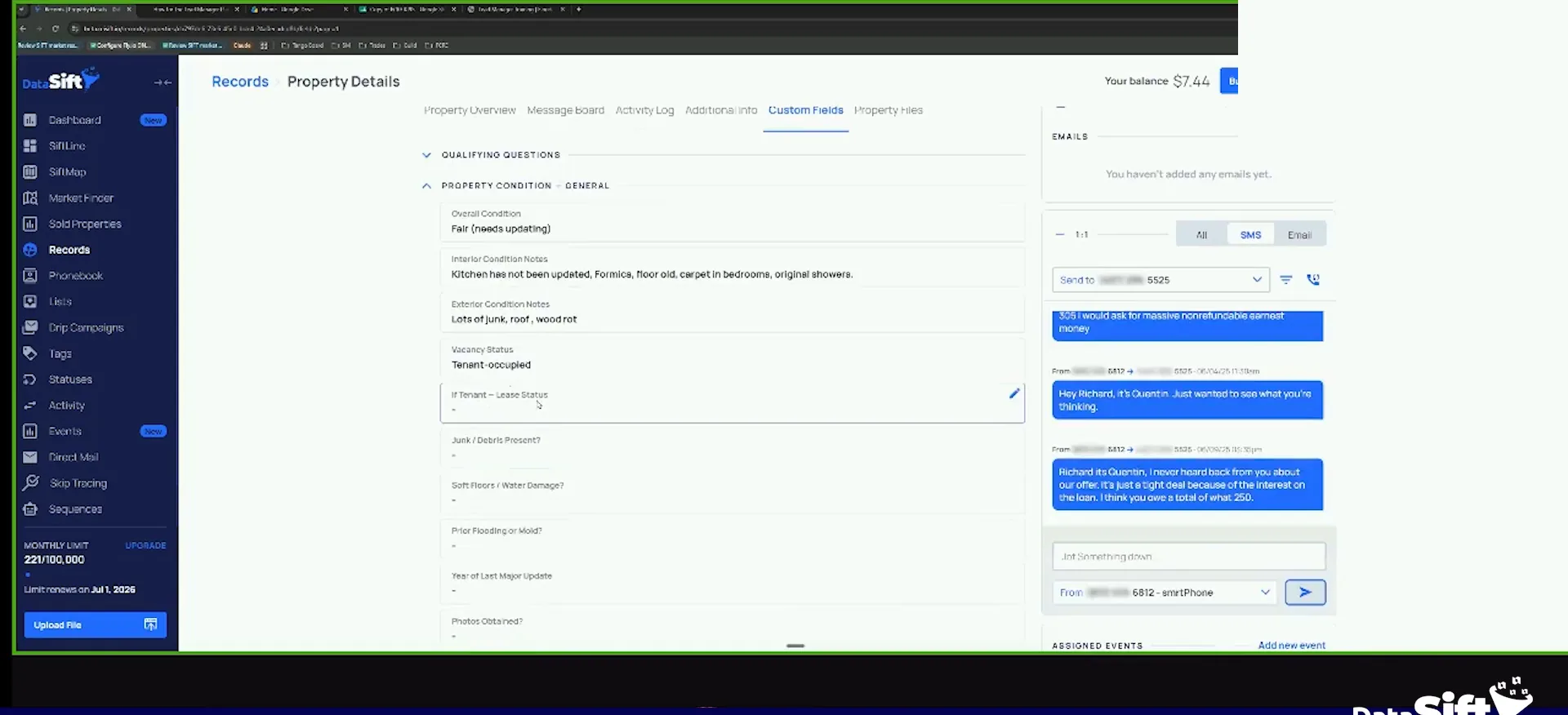 Property details screen with custom fields filled and an SMS conversation panel showing