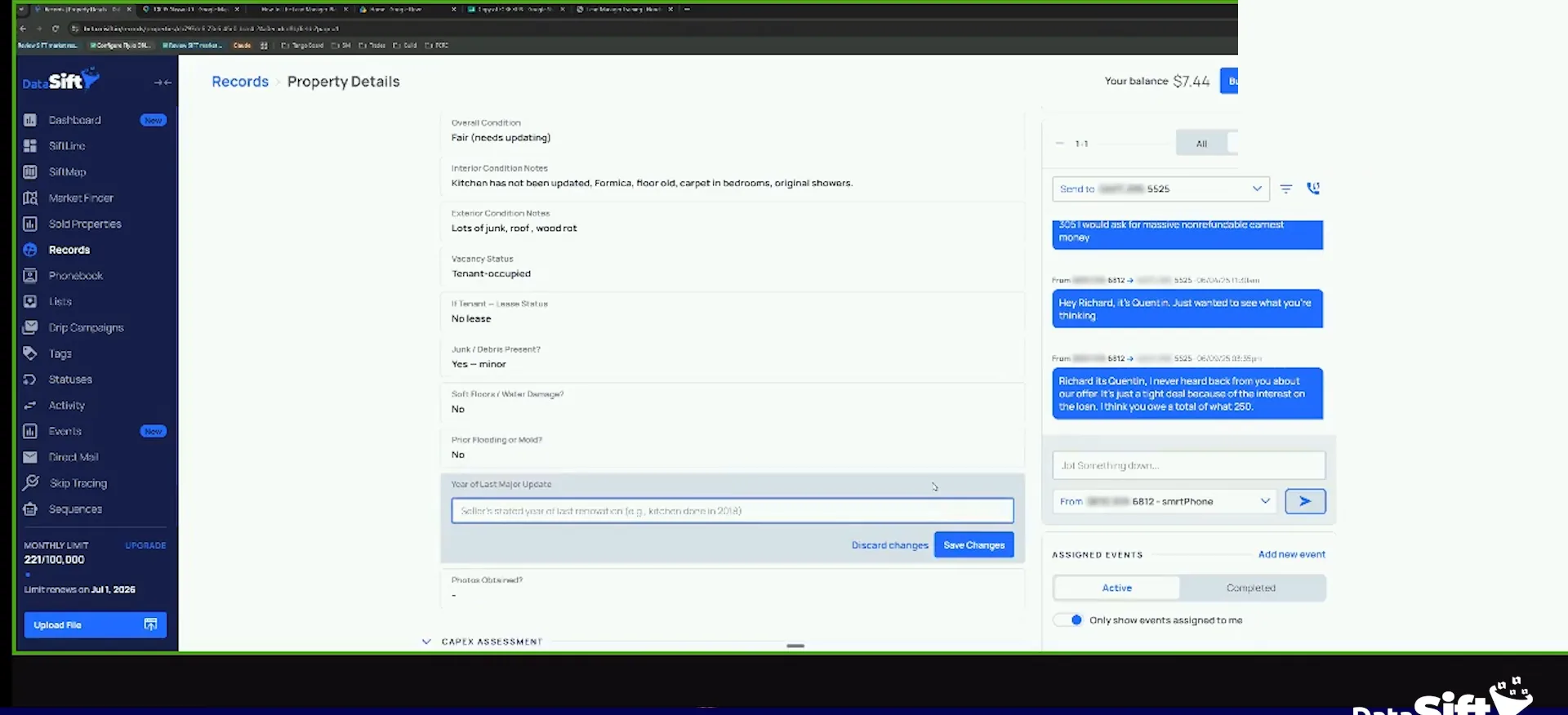 Property details screen with property condition fields, an editable update field, and messages