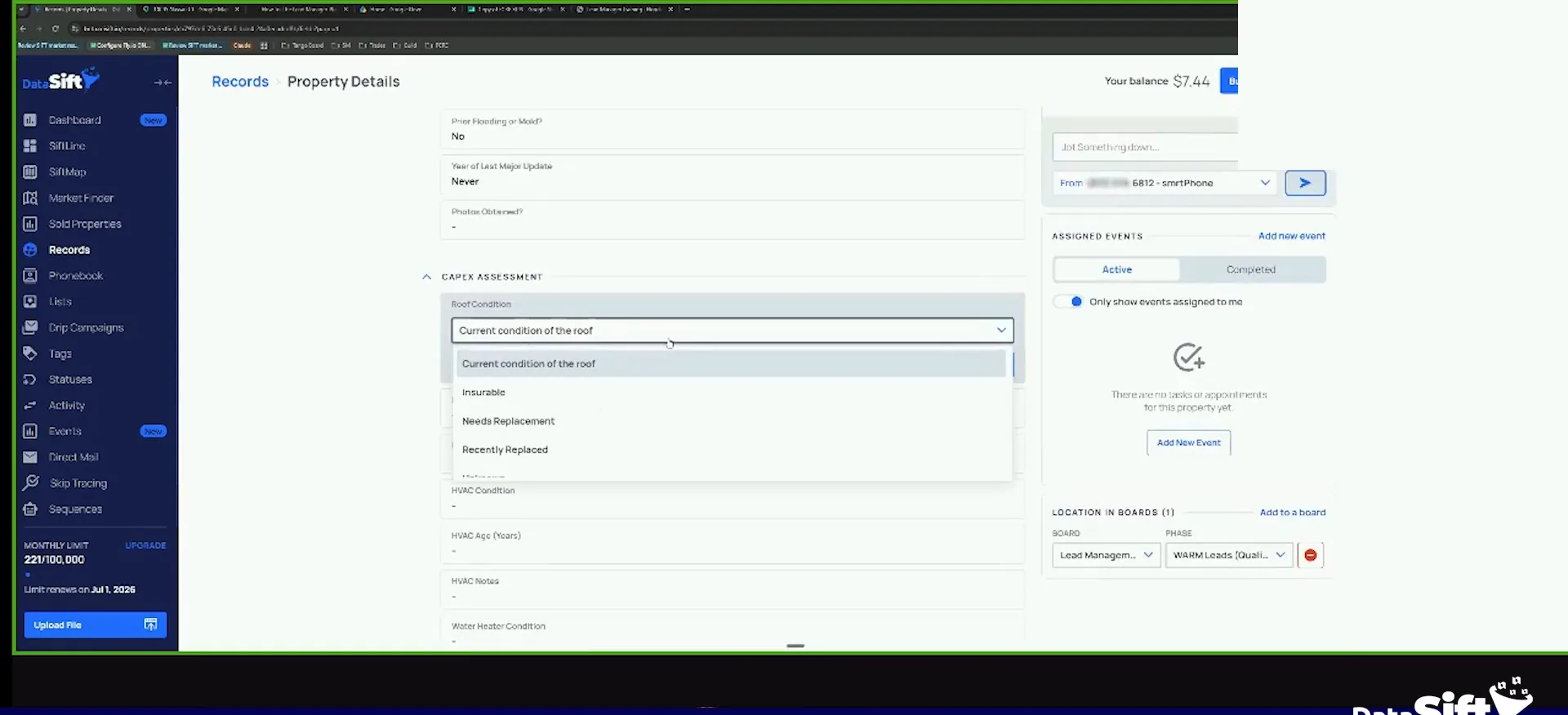 Property details screen with the roof condition dropdown open beside the events panel