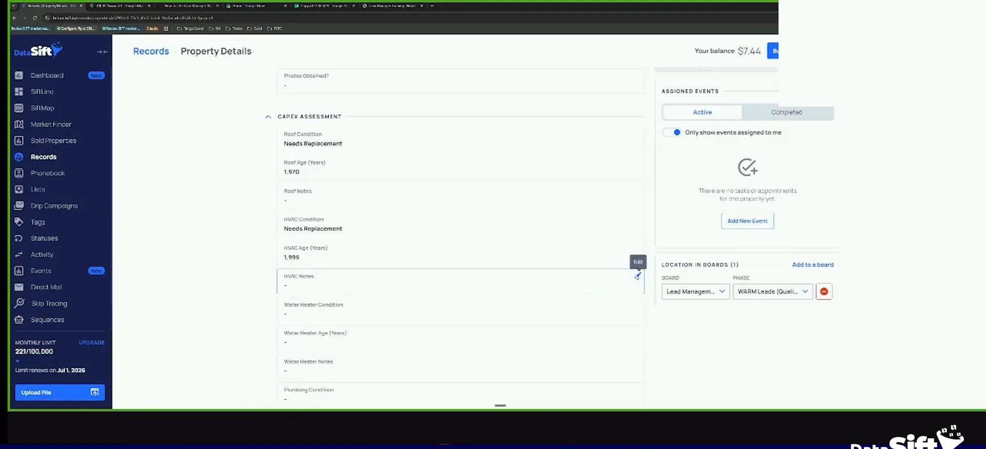 Property details screen showing capex assessment fields and the assigned events panel