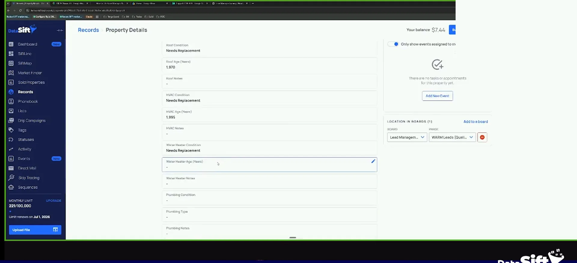 Property details screen with property condition fields and board placement controls