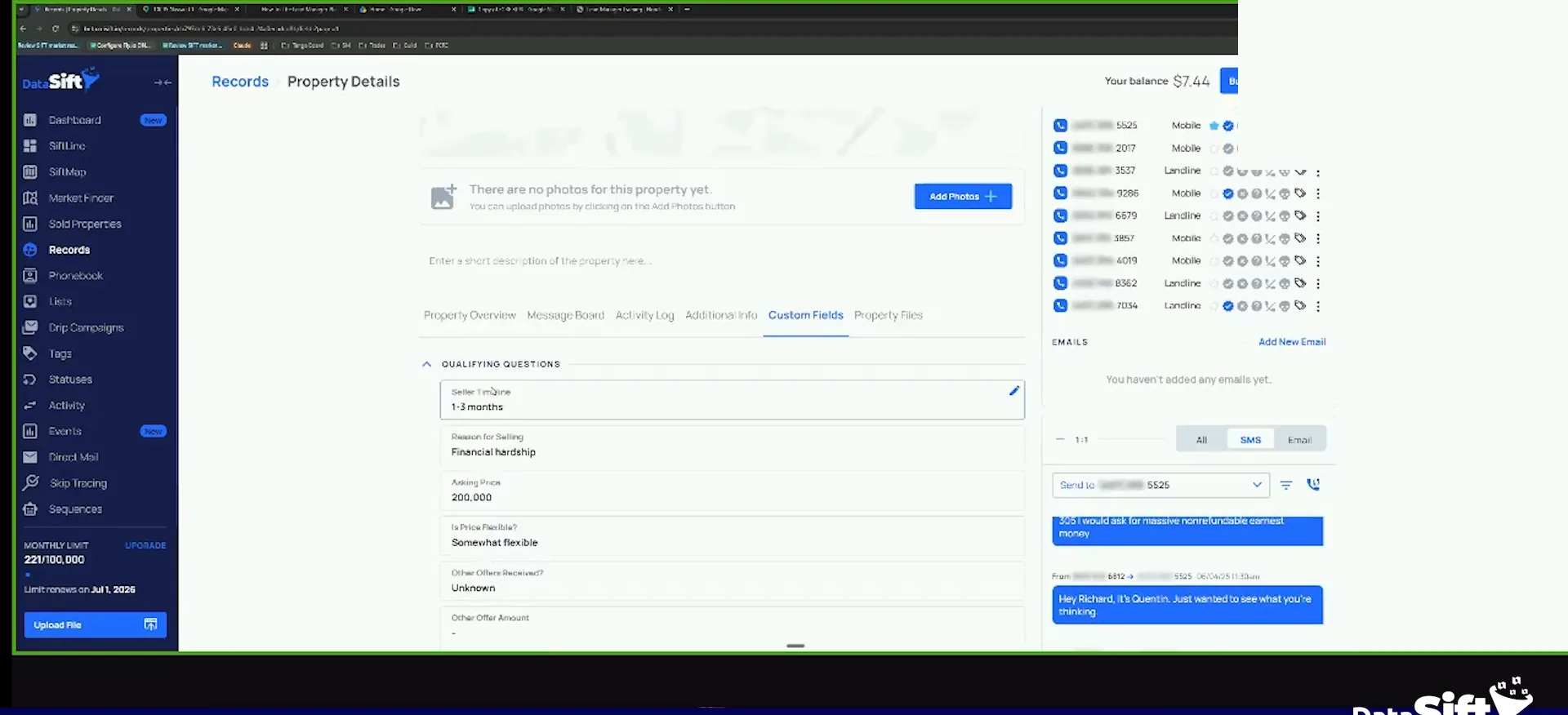 Property details screen showing custom fields, contact phone numbers, and SMS messages