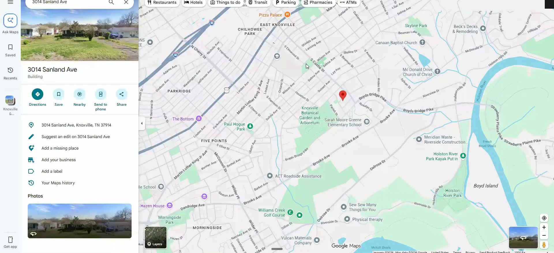 Google Maps open on 3014 Sandland Ave with property details, a photo, and the Knoxville map