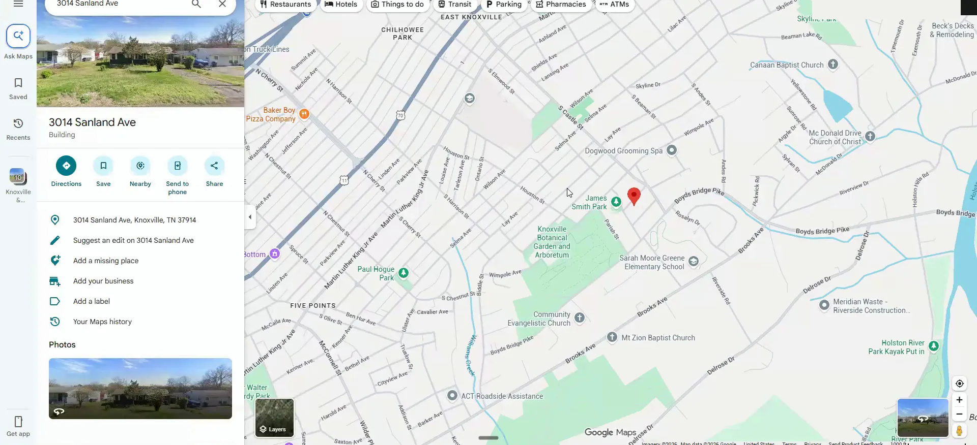 The same Sandland listing and street map, with the surrounding blocks in view