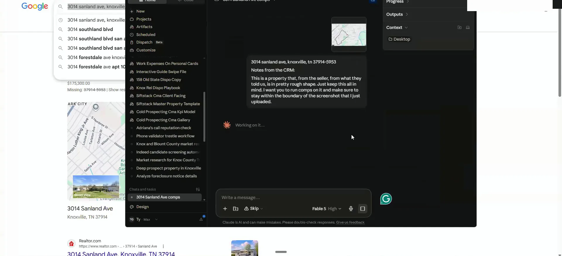 Google property results and map behind a dark AI workspace processing the notes for the address