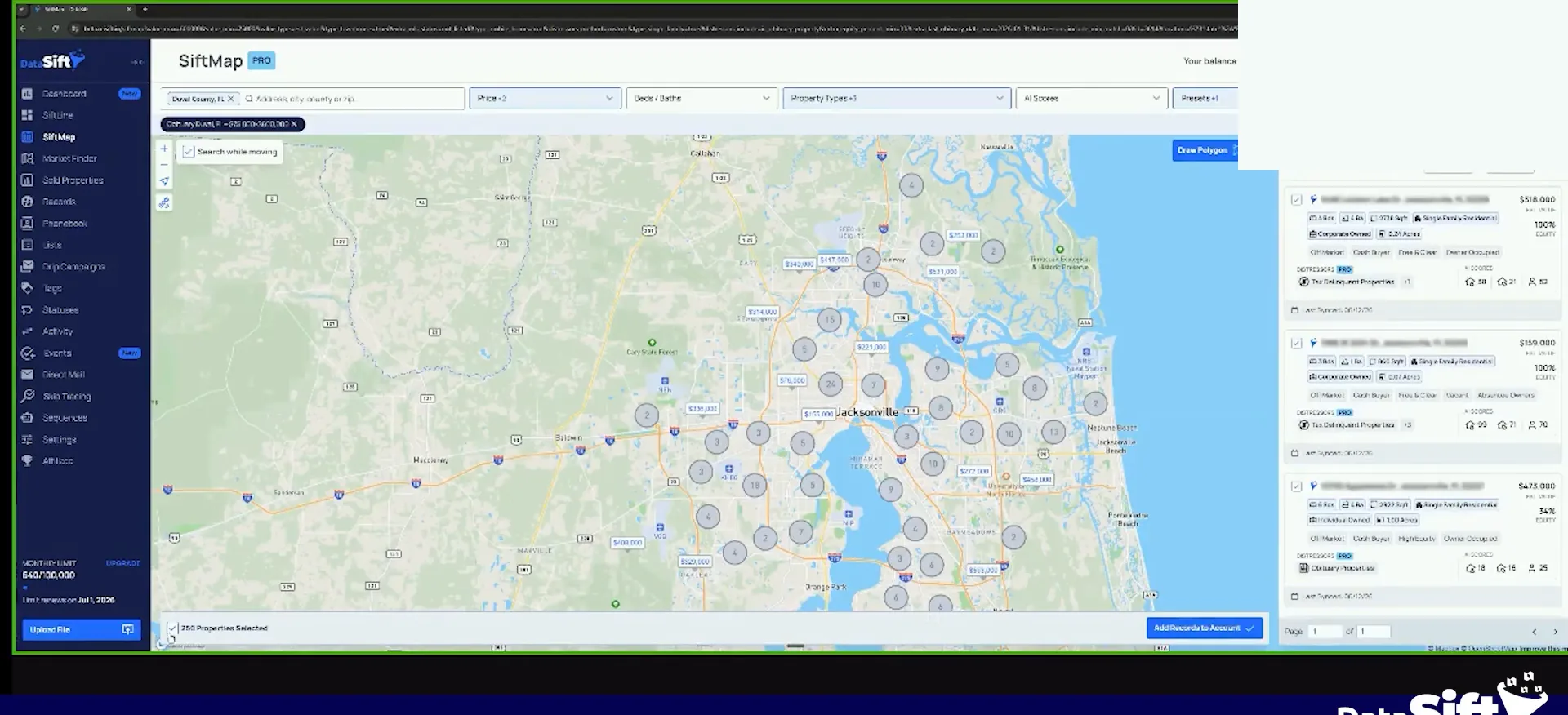 SiftMap Pro showing a Jacksonville area map with numbered clusters and a price list
