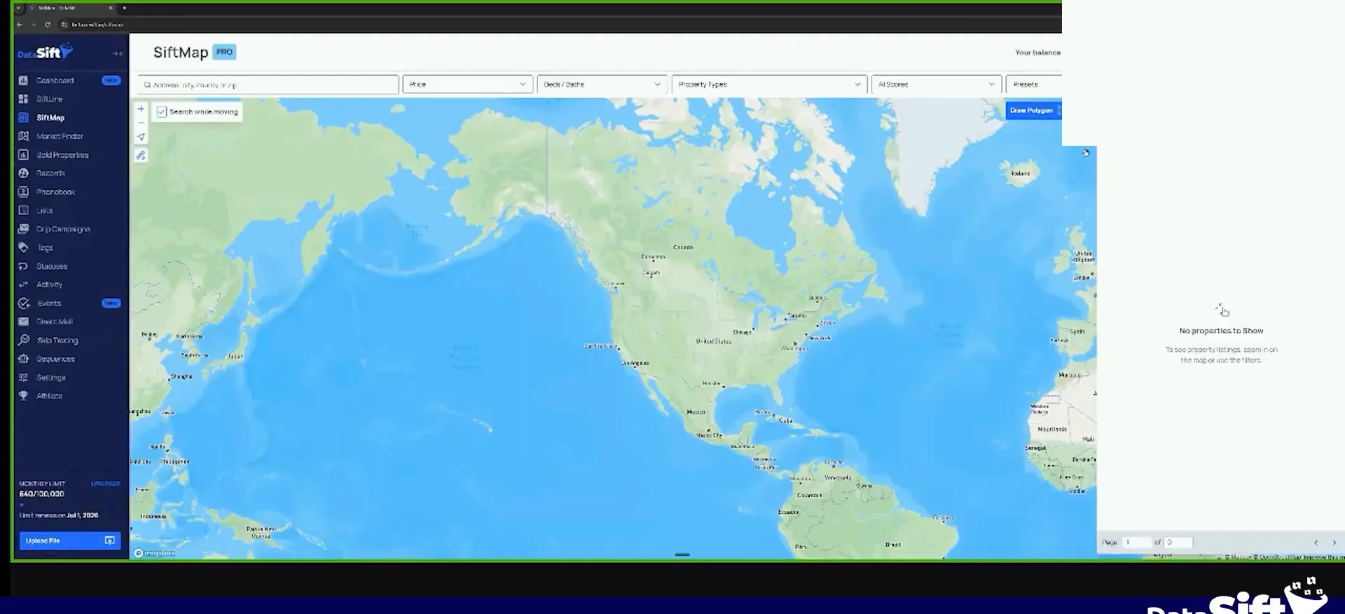 SiftMap Pro with map, search filters and a panel saying no properties found.