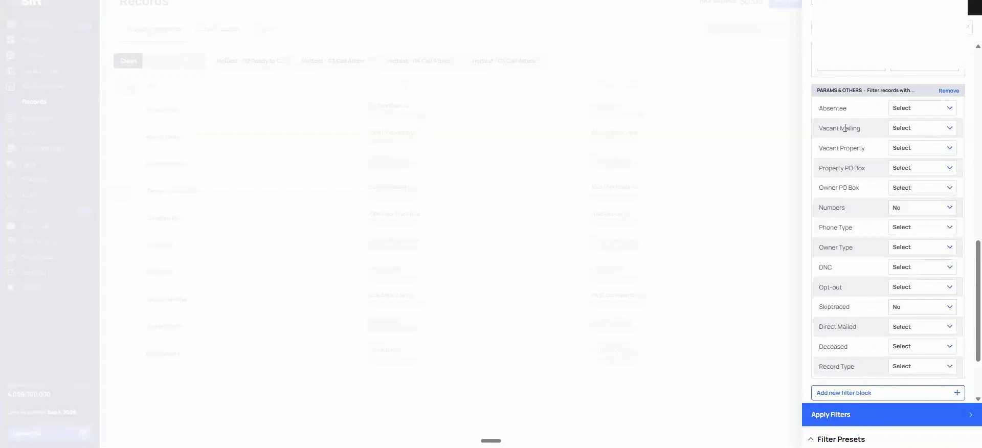 Records screen with property table, right-side filter panel and a large record count