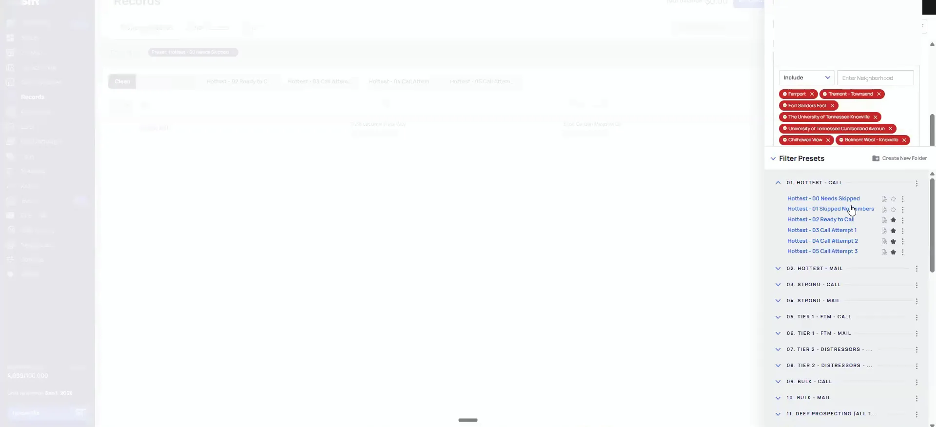 Records screen with filter presets and selected neighborhoods beside a mostly blank results area