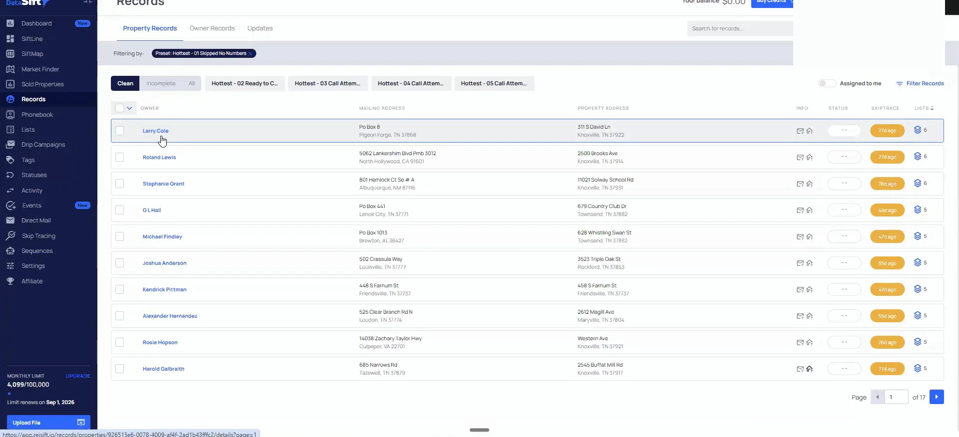Records table showing owner, mailing address, property address, statuses and figures for each property