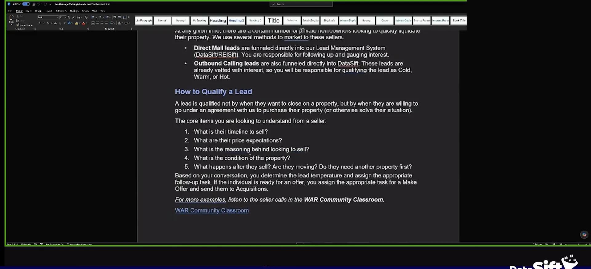 A dark document editor showing a lead qualification guide with numbered questions