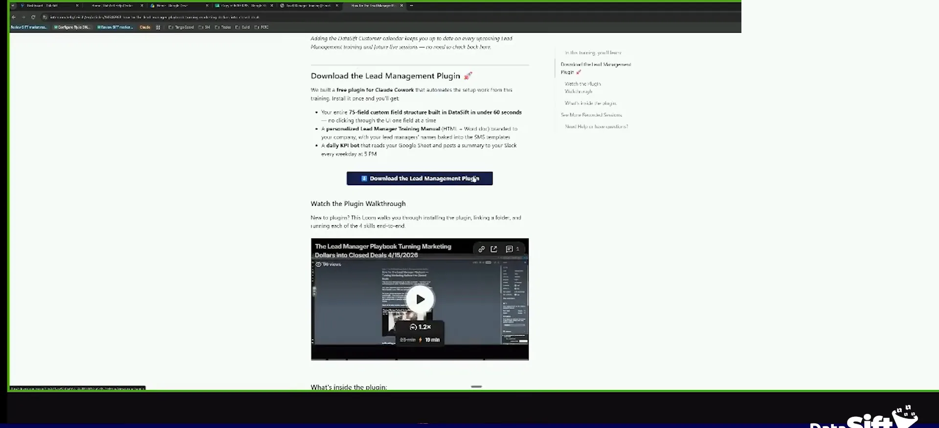 A DataSift lesson page with a Lead Management Plugin download button and walkthrough video