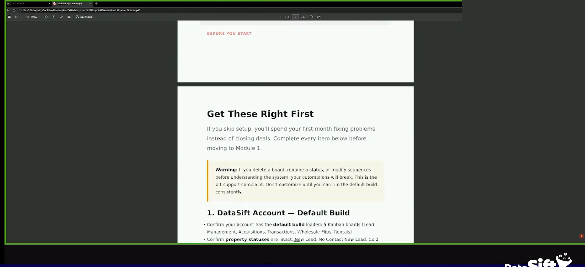 A PDF viewer showing the setup lesson page with instructions, warnings, and default build details.