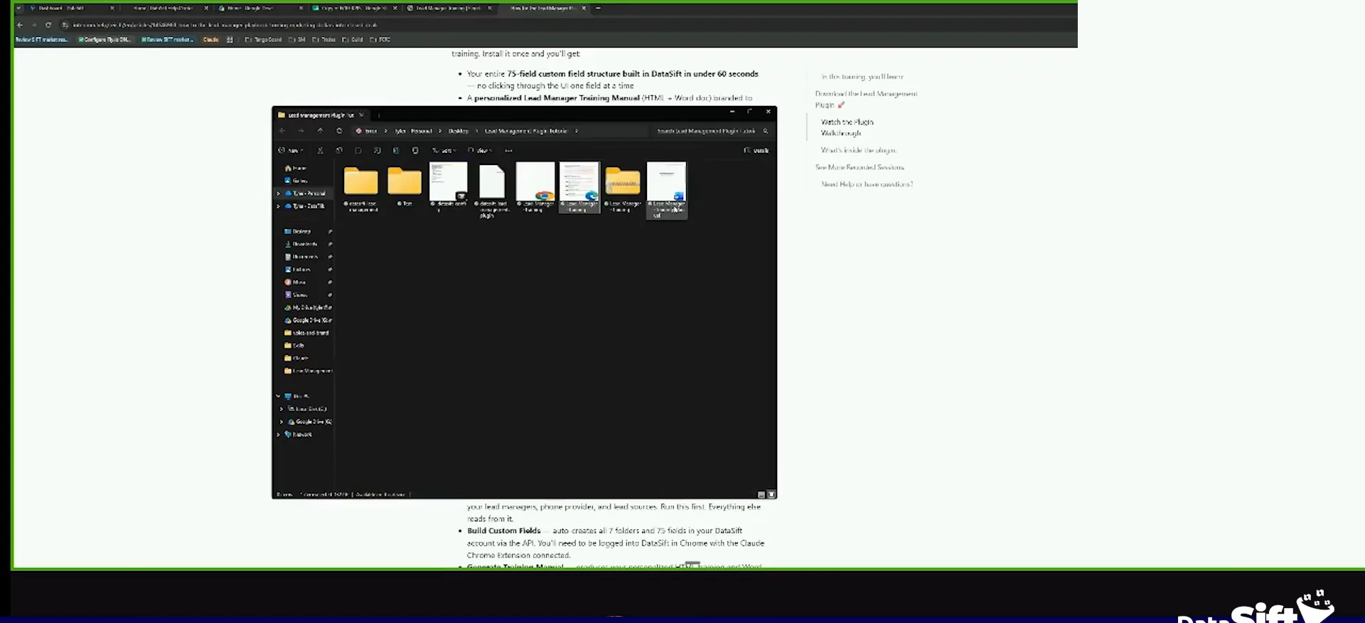 A File Explorer window of folders and documents sitting over the lesson webpage.