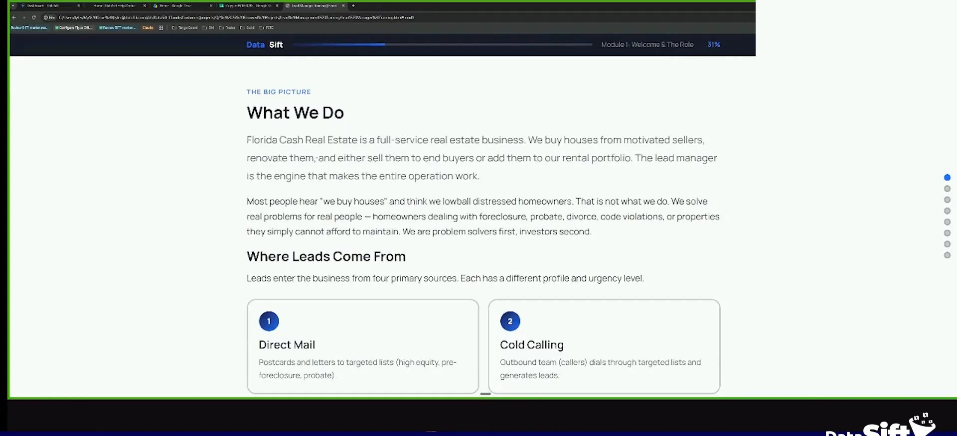 The lesson screen showing What We Do, lead sources, and cards for direct mail and cold calling.