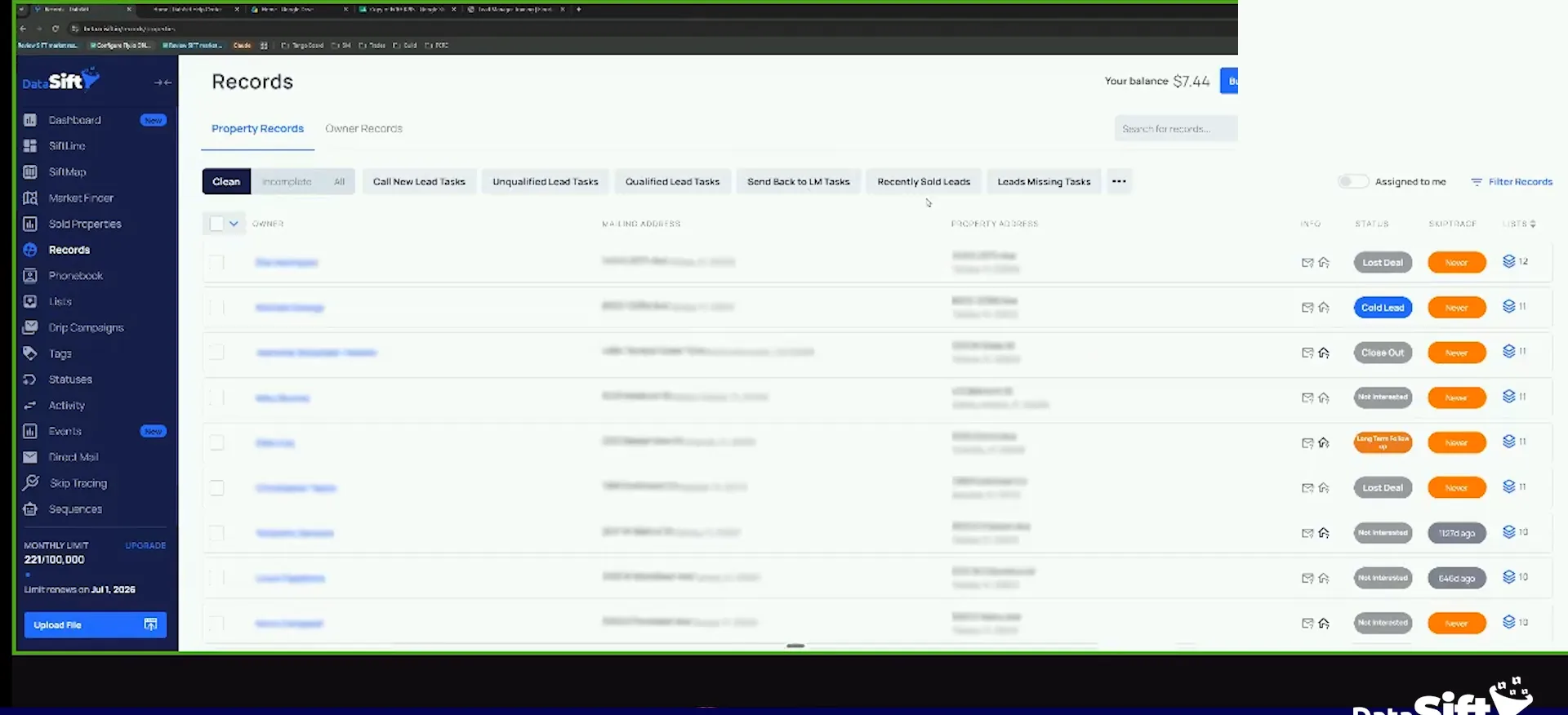 Records table with status labels, lead counts and the account balance