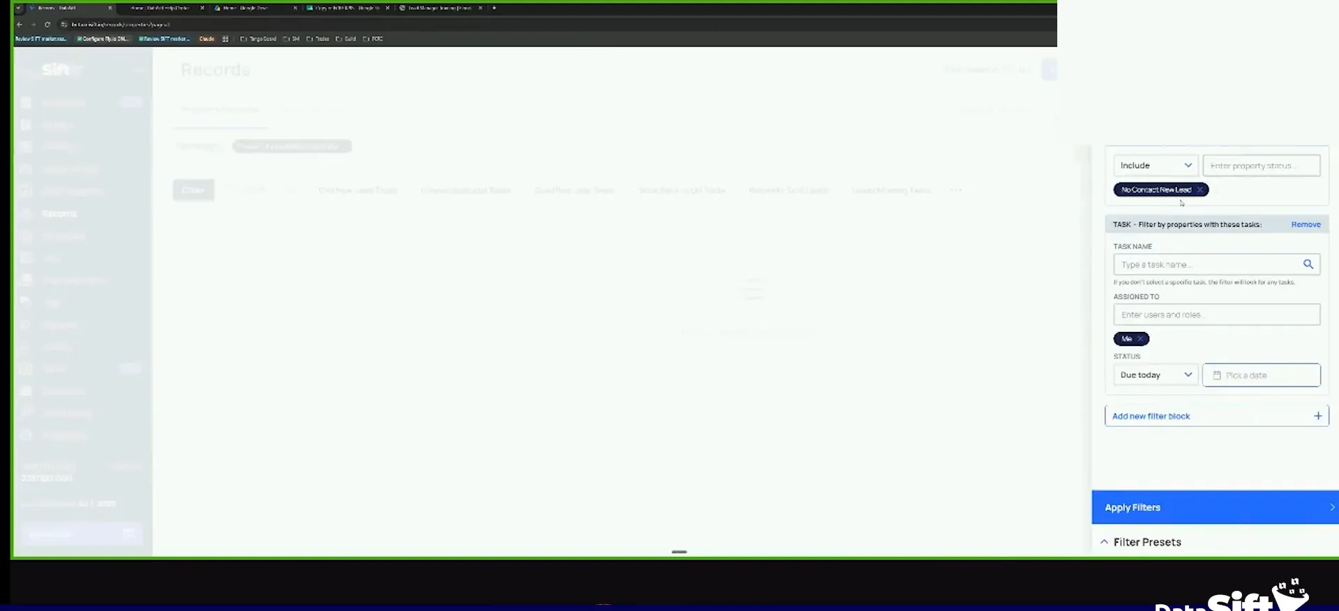 Right side filter panel with task fields, status options and Apply Filters