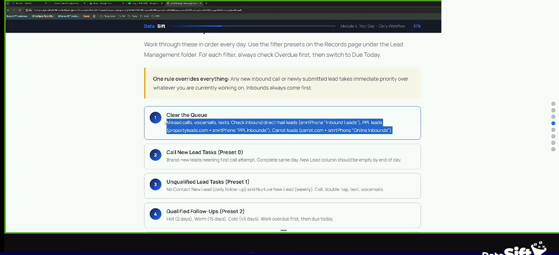 Lesson screen with four numbered lead management tasks and a progress bar