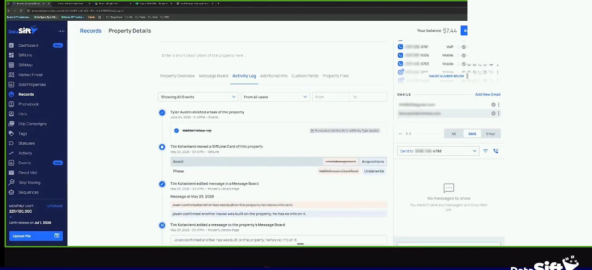 Property details with the activity log timeline, contacts, messages and emails listed