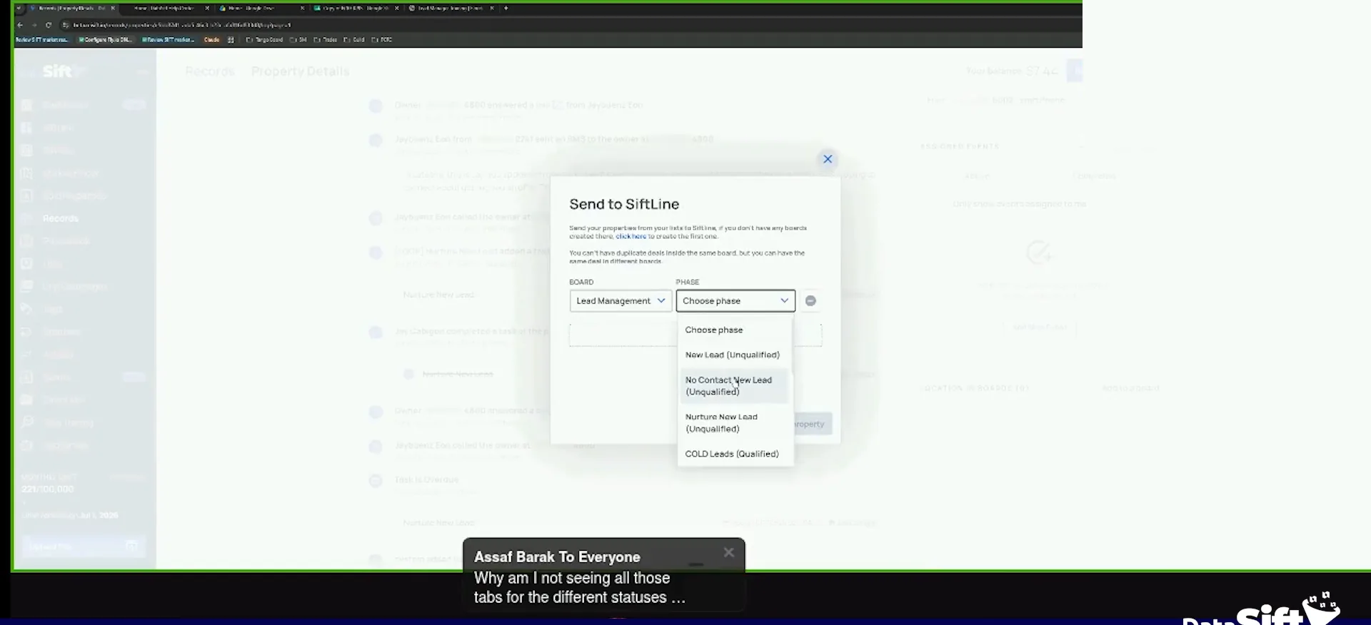 A property record with the Send to SiftLine dialog open, board and phase dropdowns showing