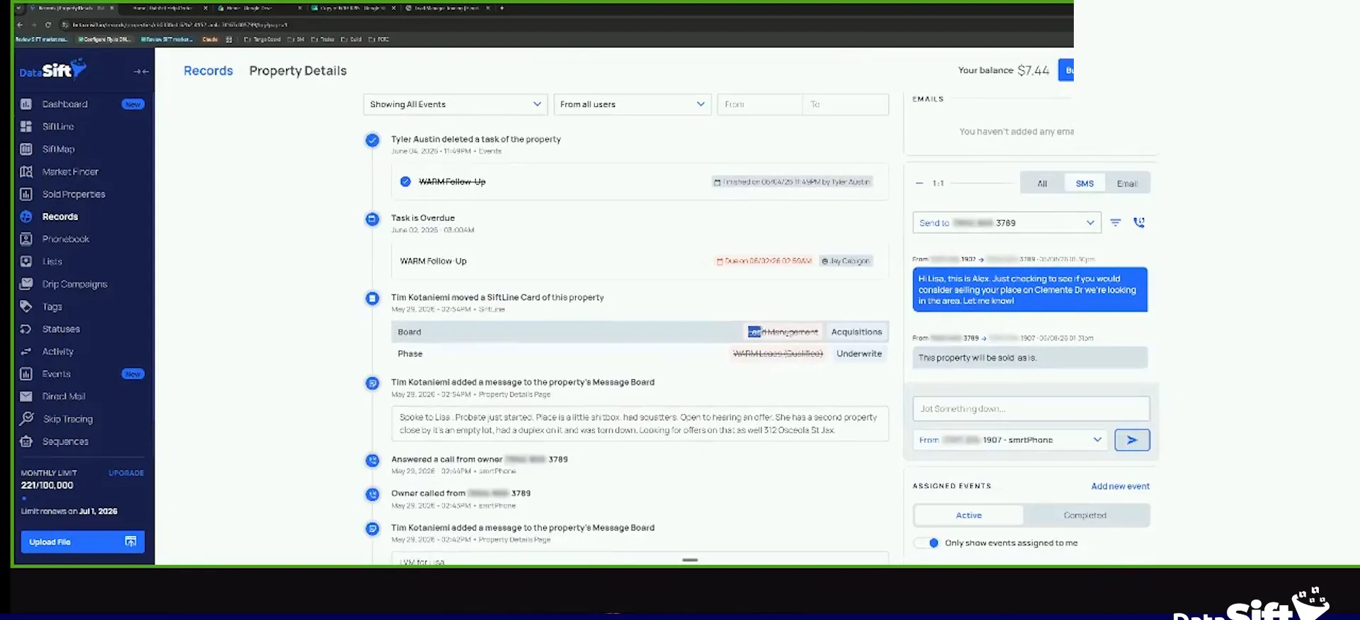 Property details showing the activity timeline, SMS messages and assigned events panel