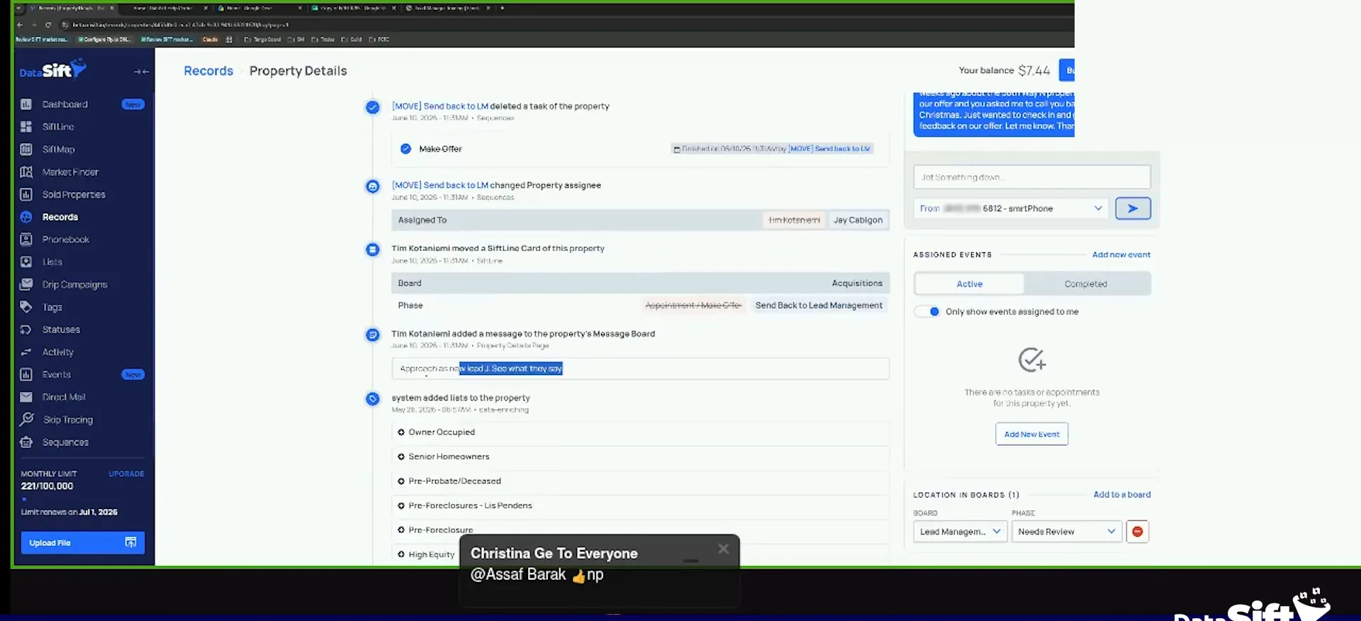 Property details with the send back to LM task showing in the assigned events panel