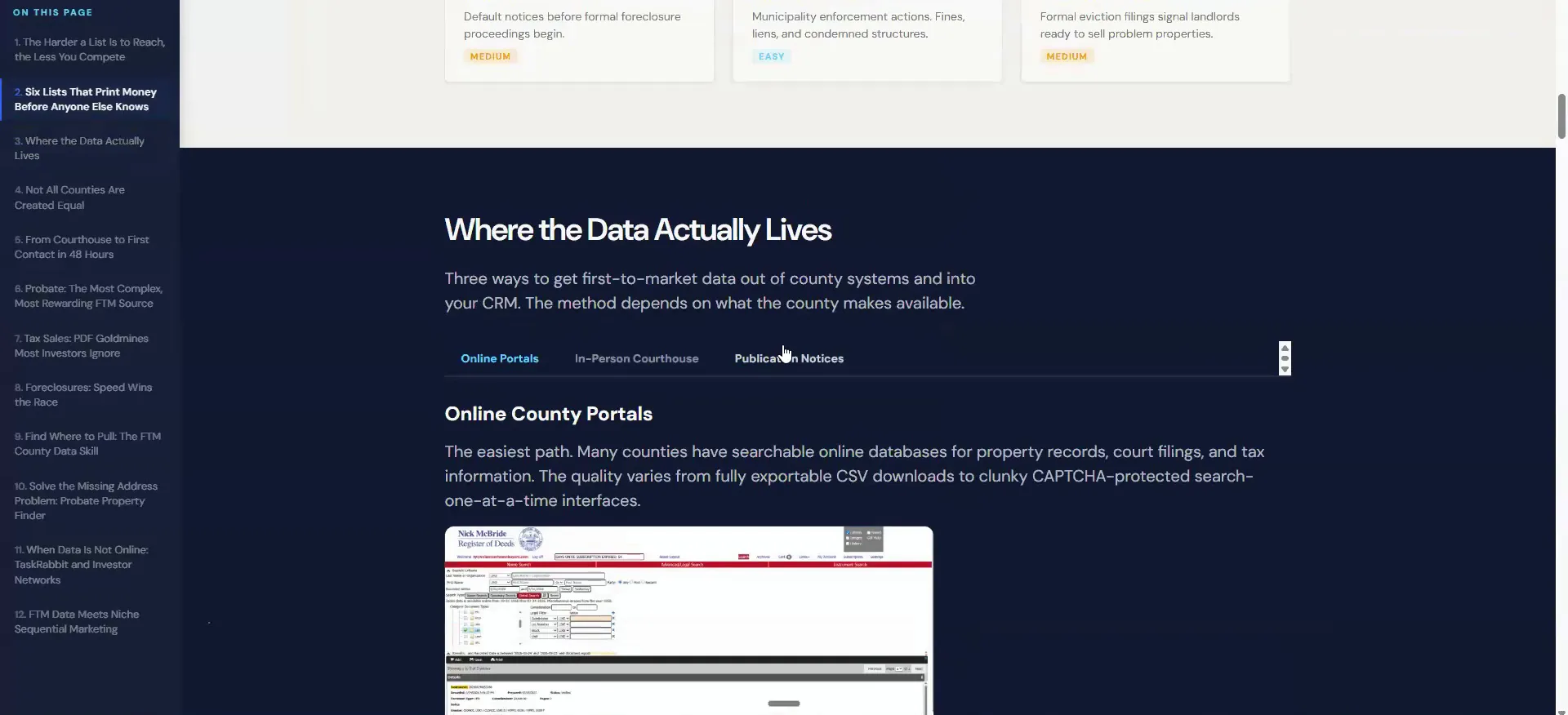 Lesson screen showing where the data actually lives, online county portals and a search box