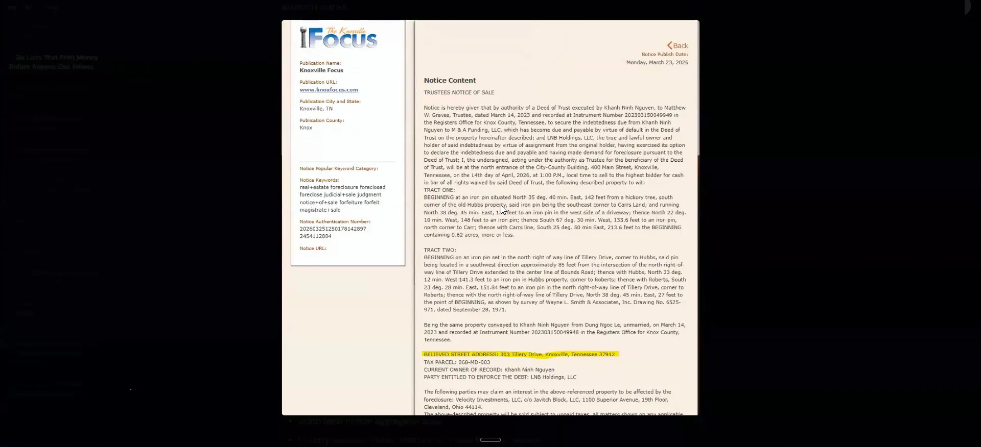 A public notice site page with a trustee's notice of sale and highlighted believed street address