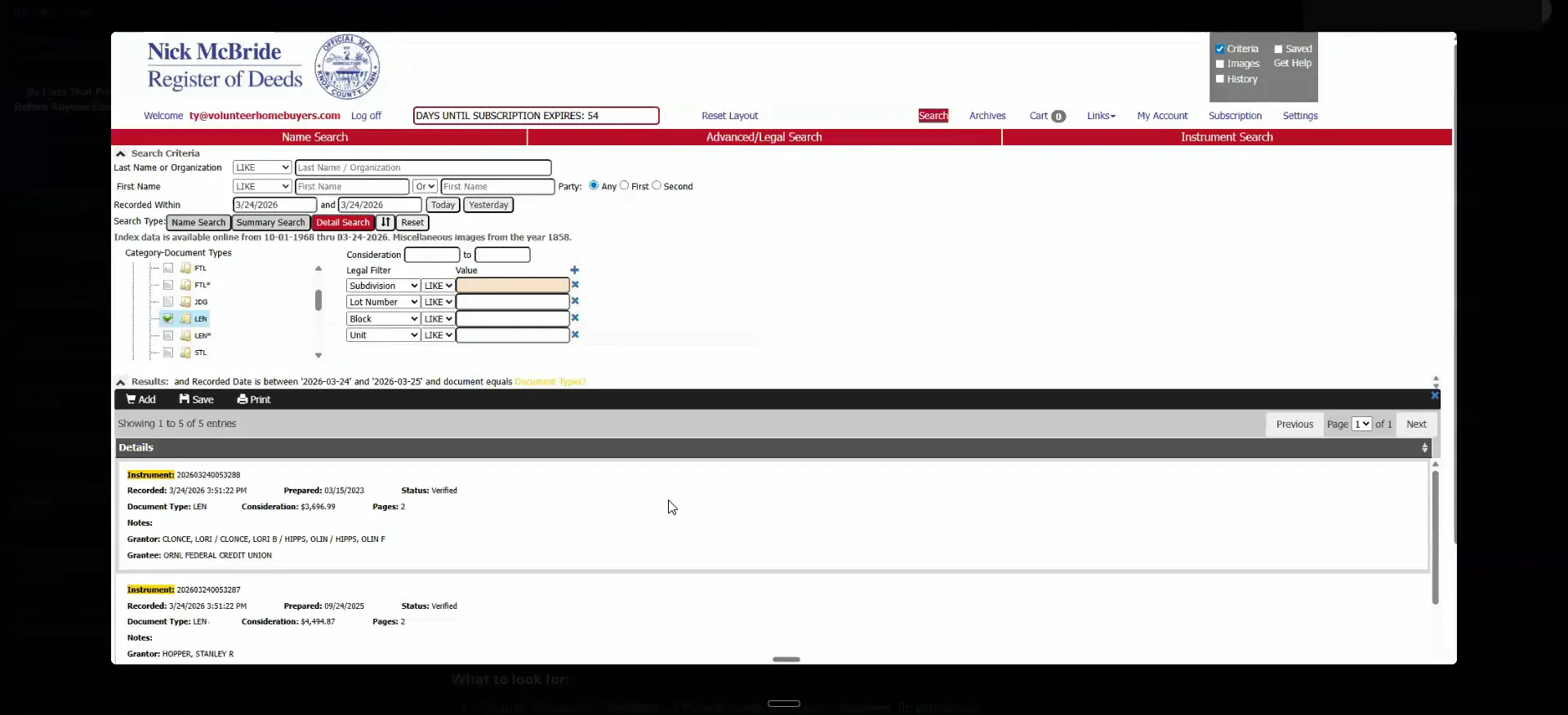 A Register of Deeds online portal with search criteria and a lien document type results list