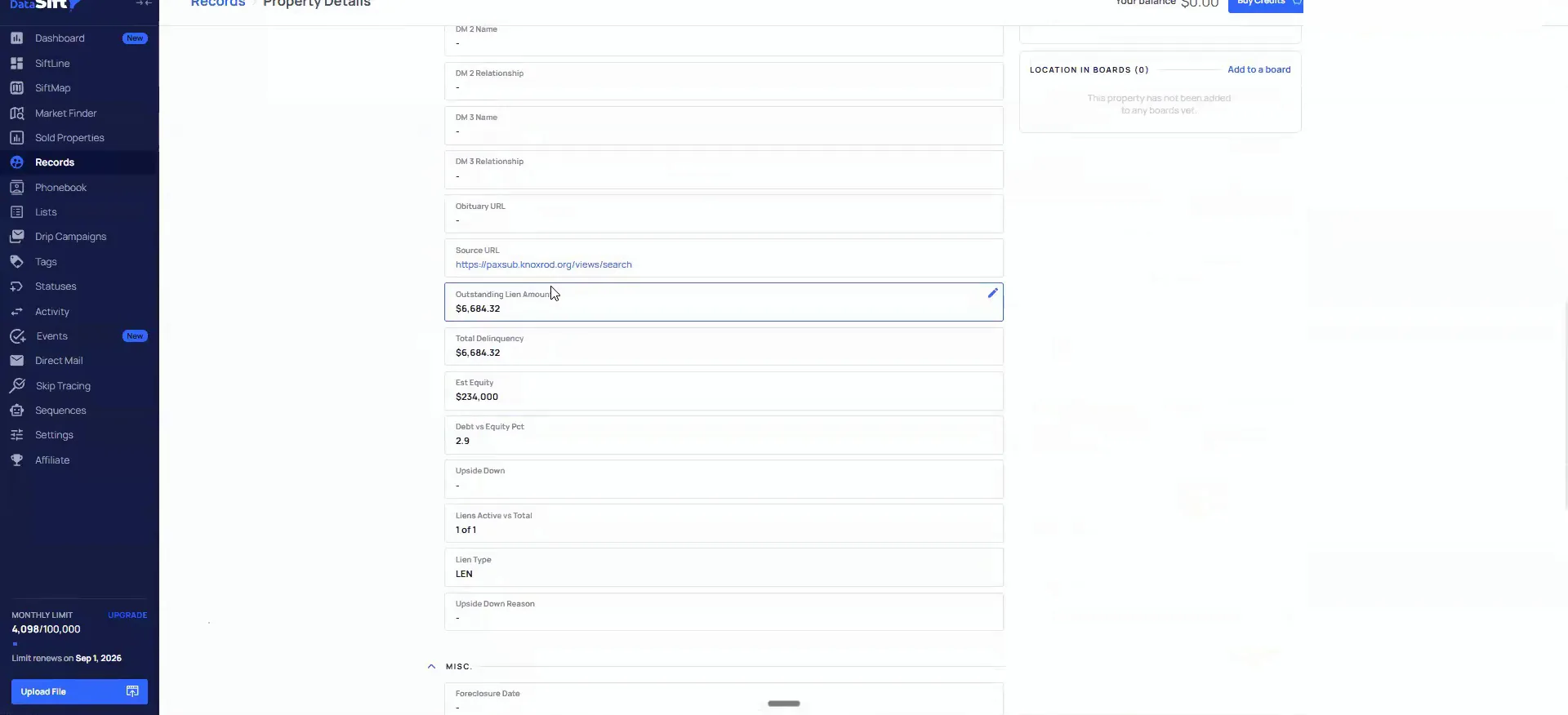 A Property Details page showing lien type, outstanding lien amount, equity and source URL
