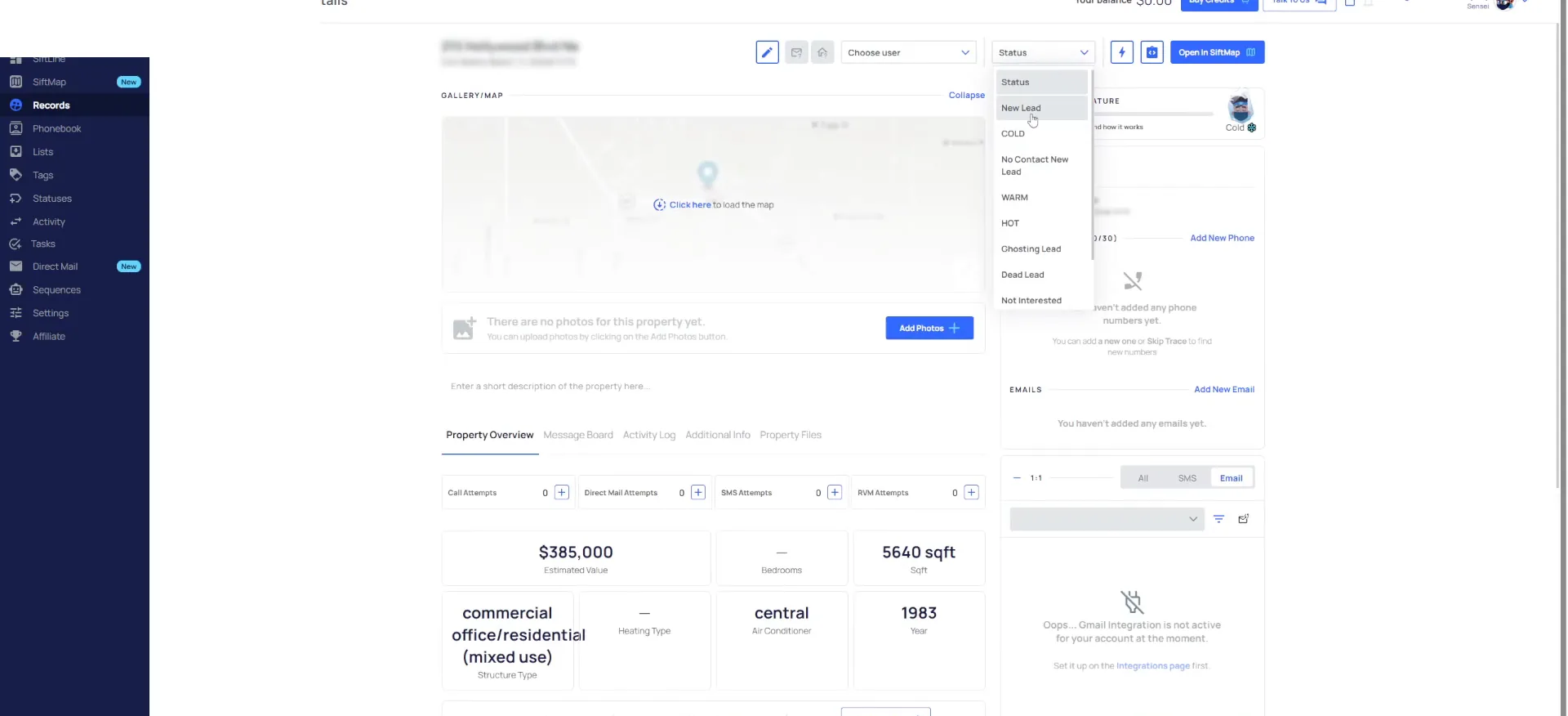 A property record open in DataSift with a map panel and the status dropdown