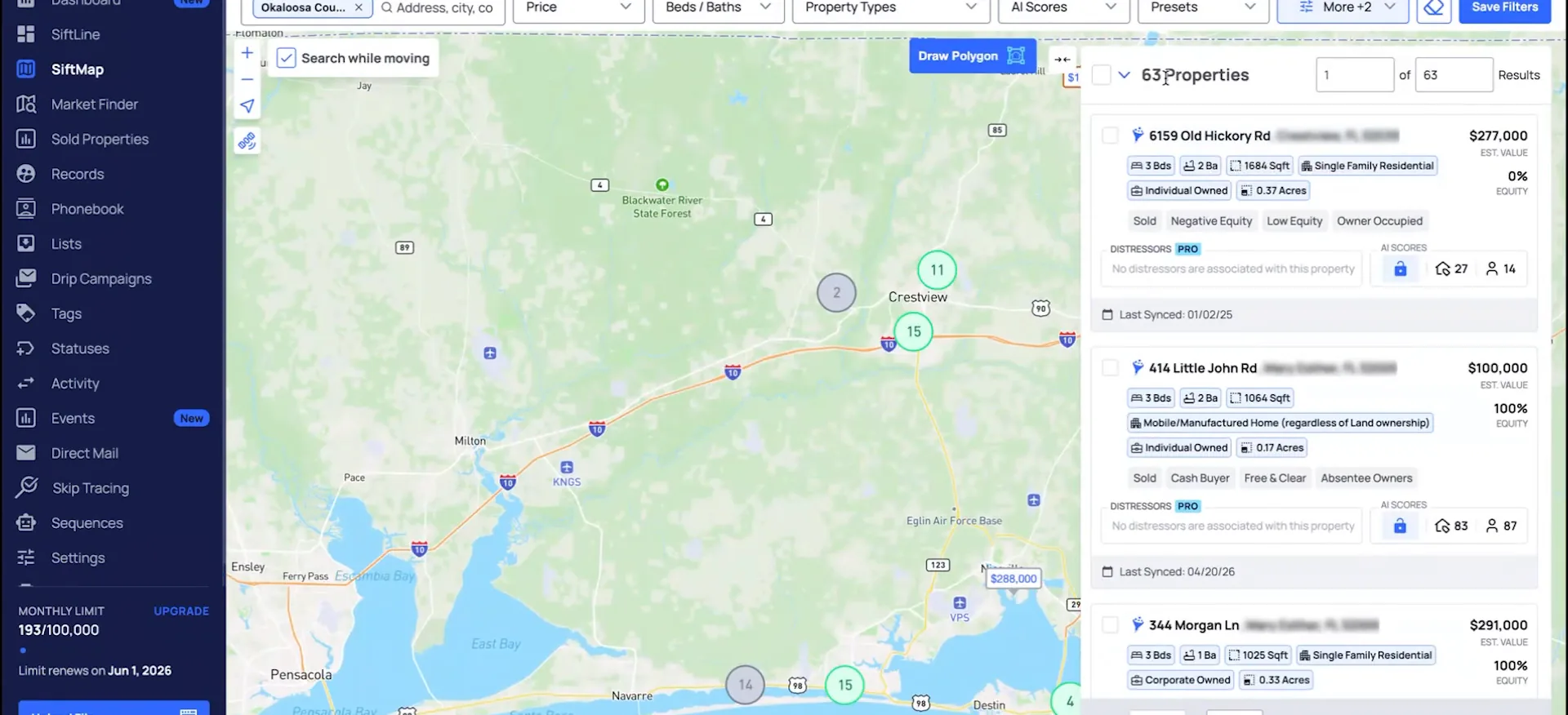 SiftMap with a property map and results list of 63 properties with prices