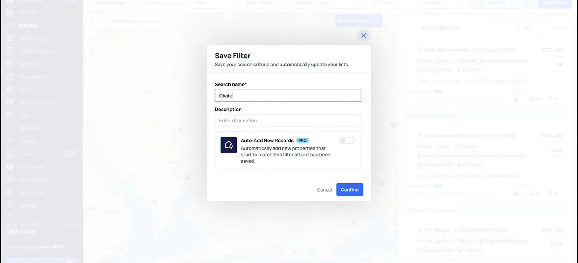 Save Filter dialog over the property list, with the name typed and a Confirm button