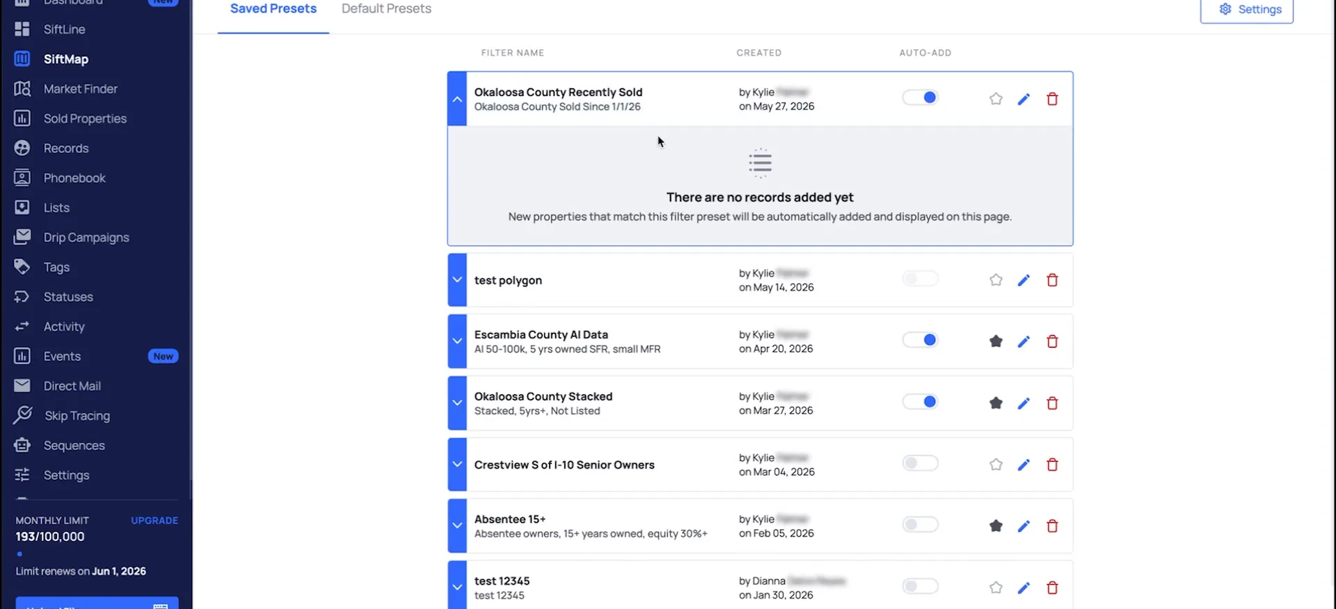 Saved Presets screen listing filter presets with dates, toggles and monthly usage figures