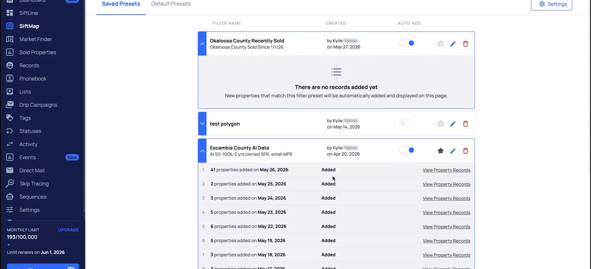 Saved presets screen showing filter records with property counts and created dates