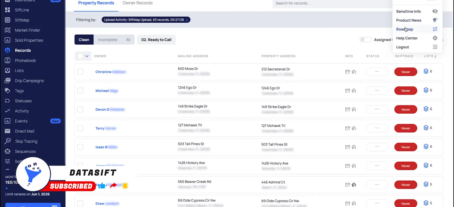 Records screen with a Property Records table of 63 filtered records and skiptrace counts