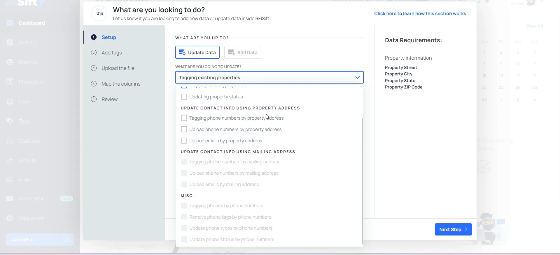 REISift update data dropdown with options grouped by property, mailing and misc phone