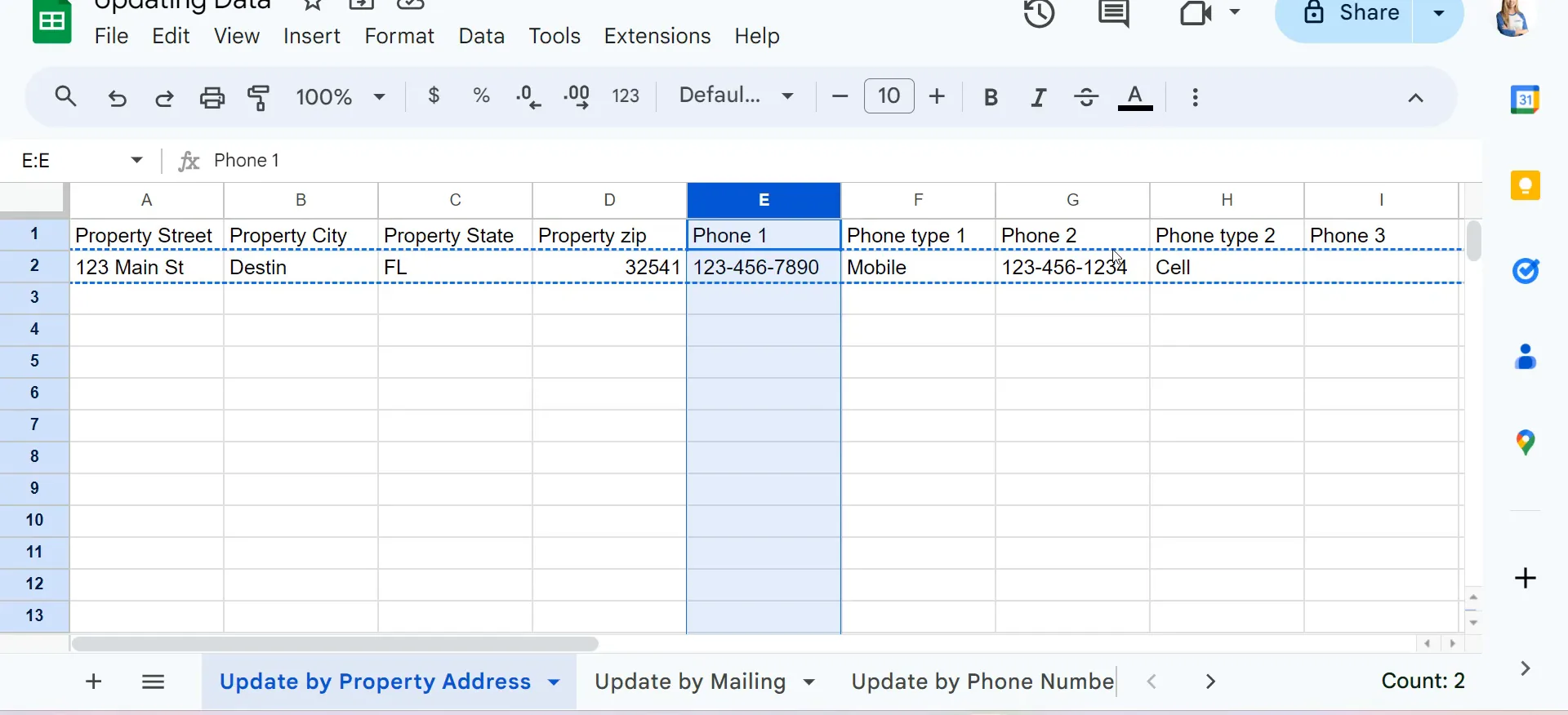 Spreadsheet with property street, city, state, zip, phone and phone type columns