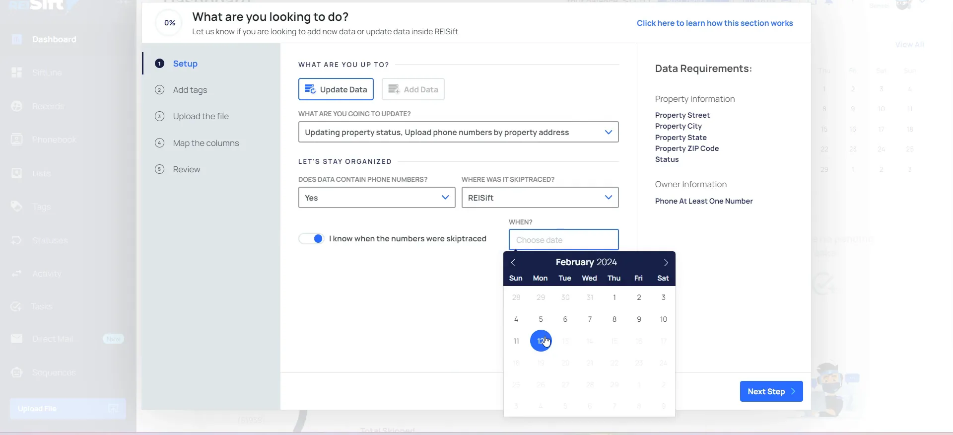Upload setup screen with update fields, requirements, and an open February 2024 calendar.