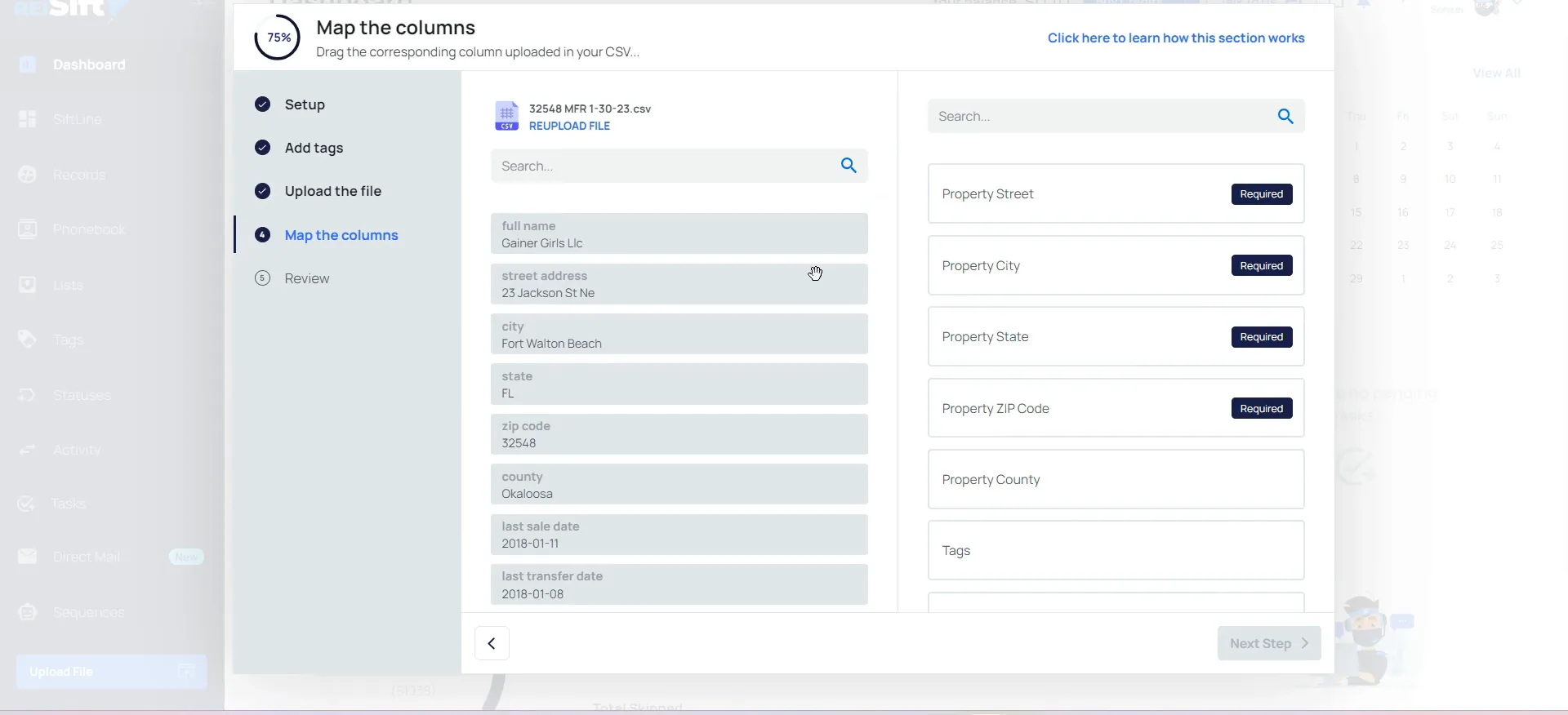 Map the columns screen showing uploaded CSV fields and required property address fields.