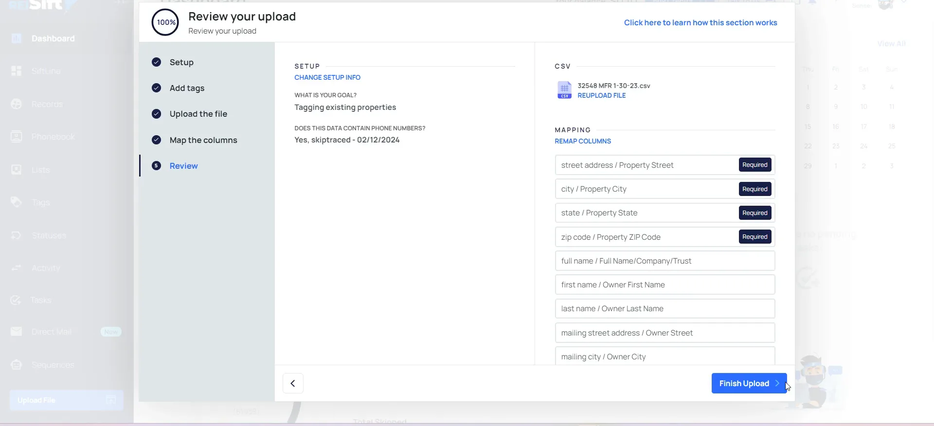 Upload review screen with mapped CSV file, address fields, phone data, Finish Upload button.