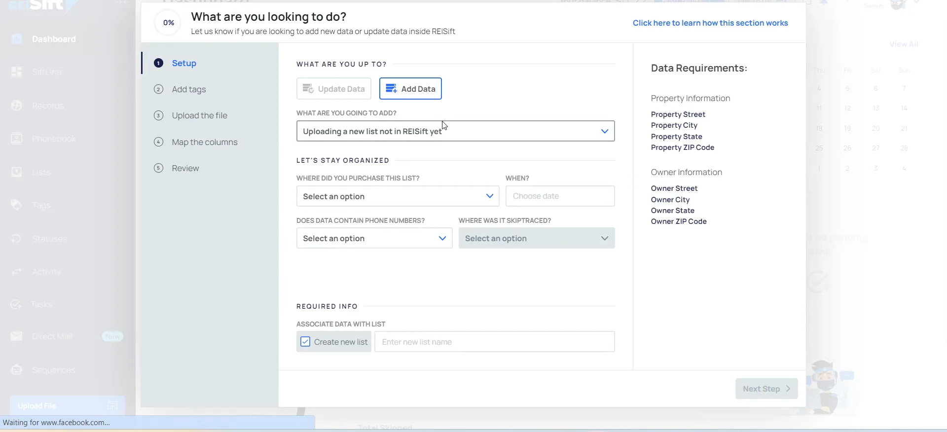 REI Sift setup screen with add data selected and the dropdown set to a new list
