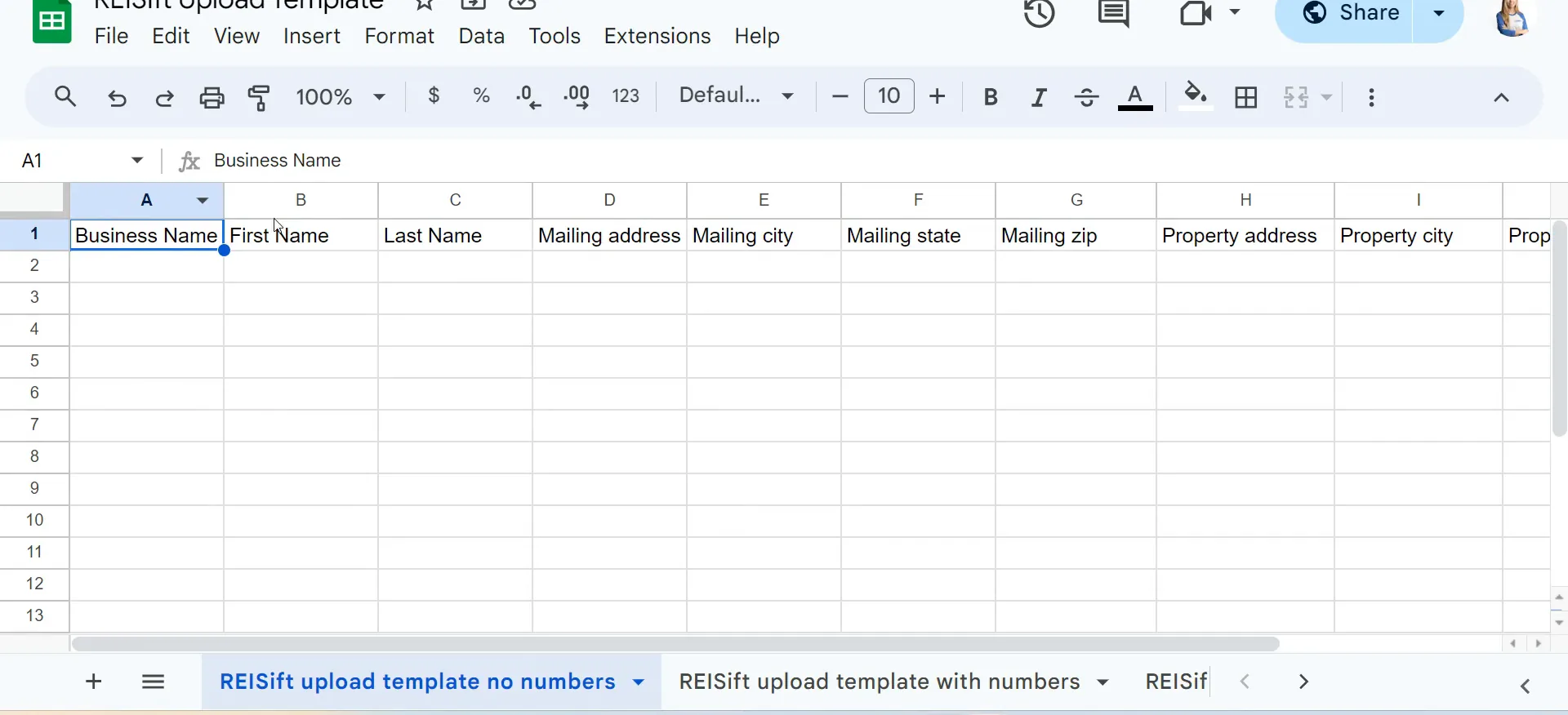 A Google Sheets upload template with headers for business name, first name and mailing address