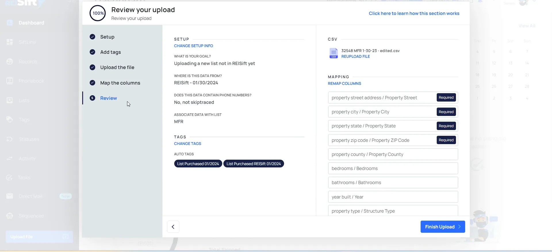 Review screen showing setup details, the CSV file, the mapping list and finish upload