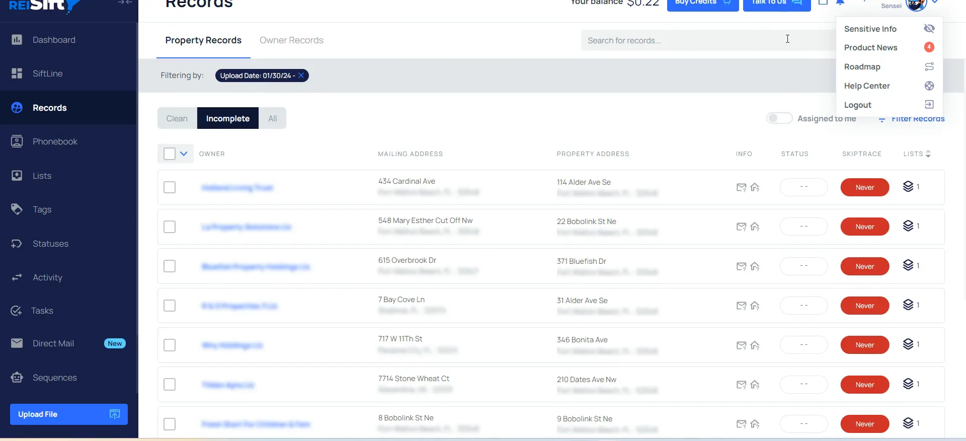 Records page filtered by upload date with the help center and talk to us menu open