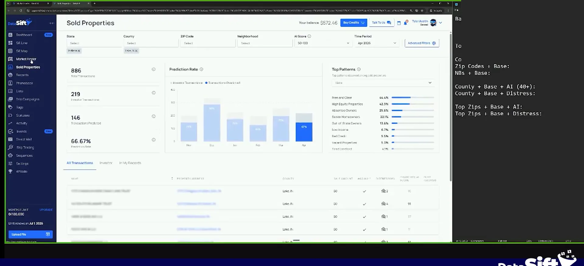 Sold properties screen with transaction metrics, a prediction chart, top patterns and a property table
