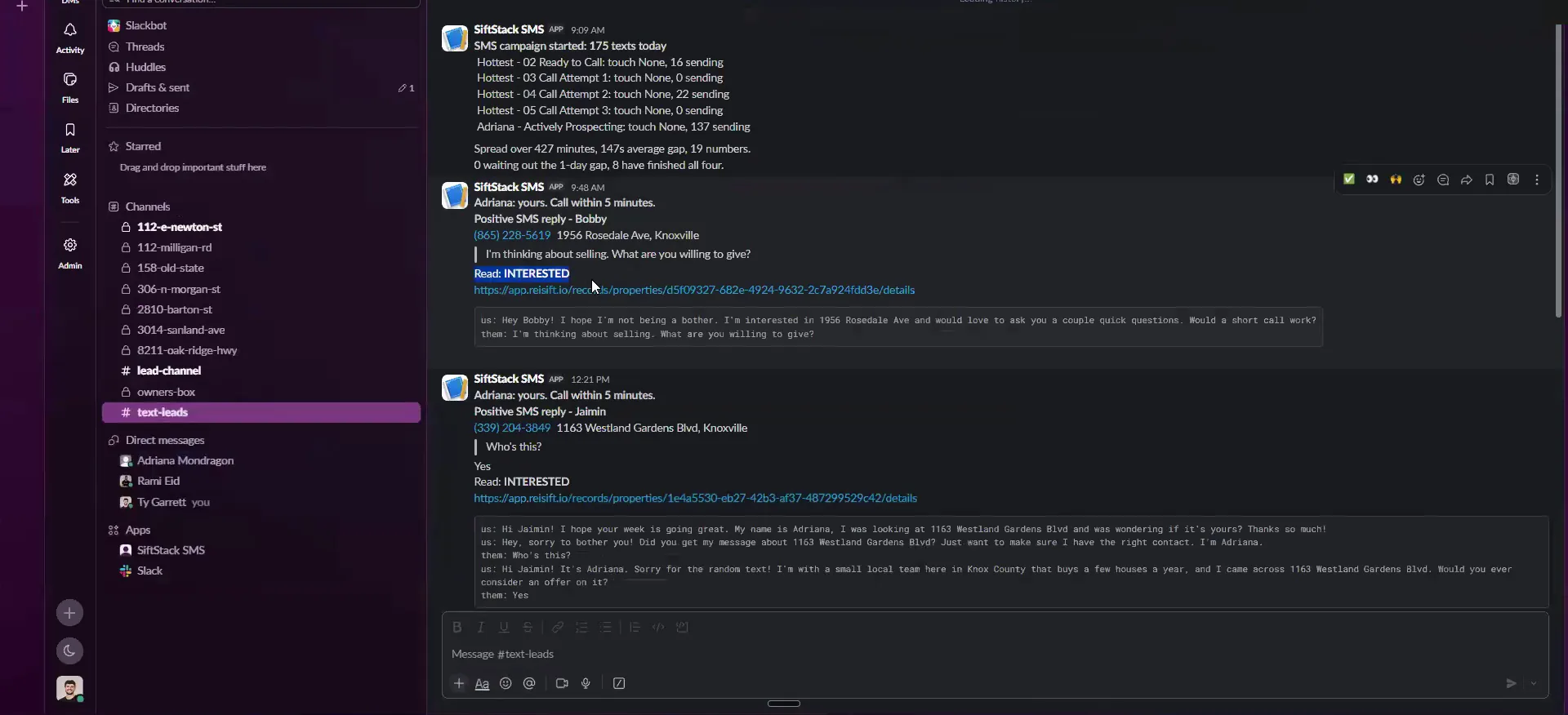 Slack channel named text-leads showing SiftStack SMS bot messages and interested lead replies