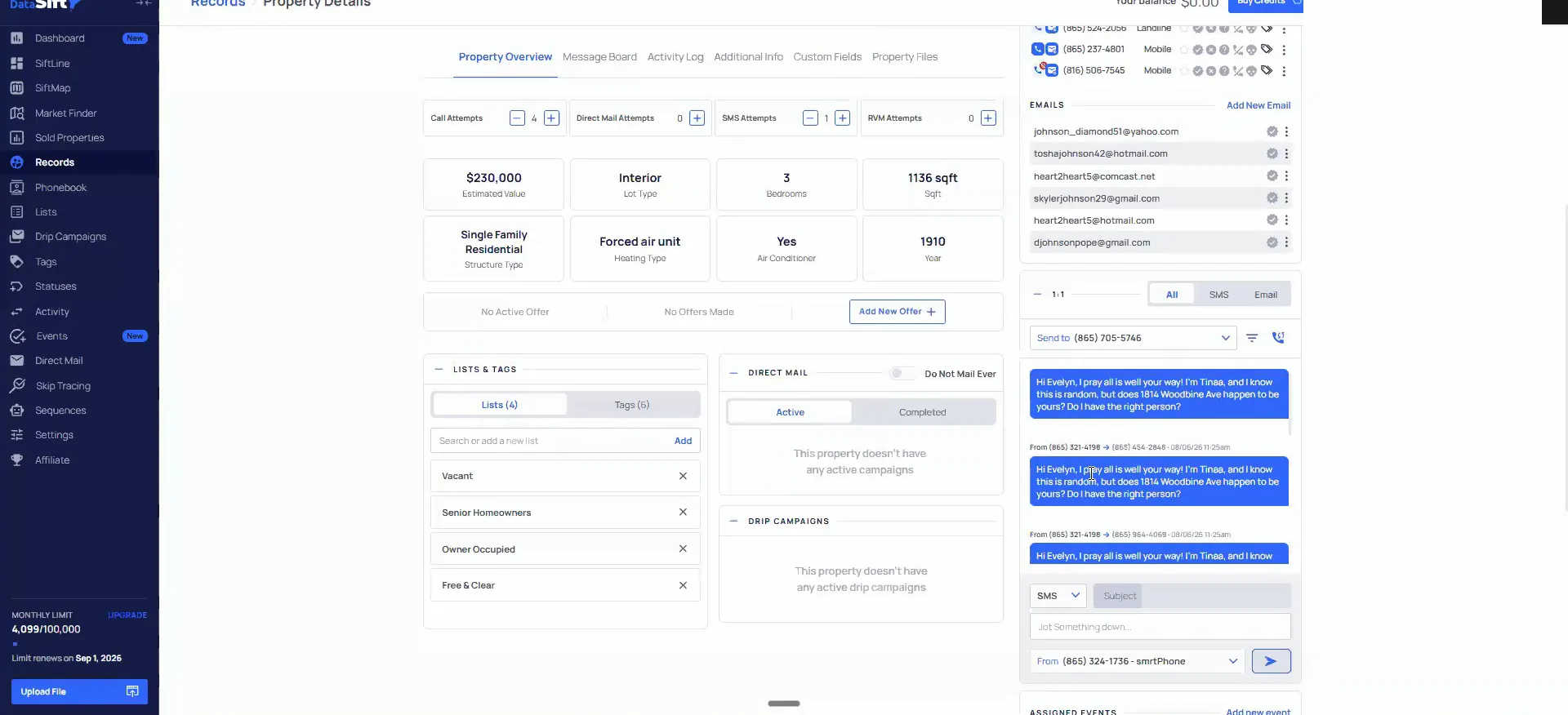 Property record page with message thread, contact info, and lists and tags panel